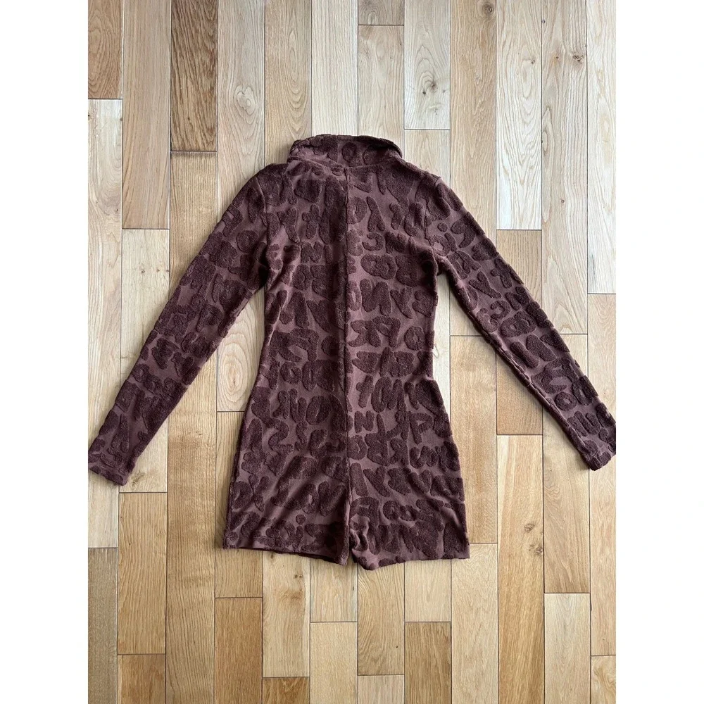 Jaded London Towelling Romper Playsuit Brown Long Sleeve Button Front Size 4